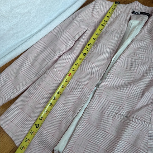 Zara Petal Pink Checkered Plaid Open Front Jacket Blazer Sm Easter Office Pastel - Picture 8 of 15